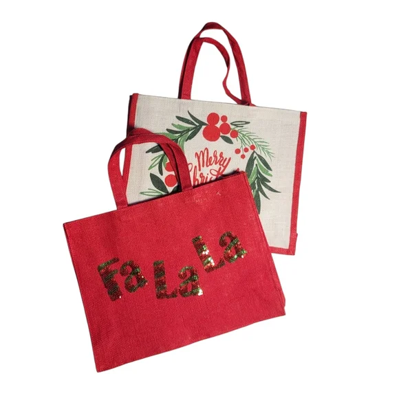 Hobby Lobby Festive Burlap Tote Bags - Set of 2 - Picture 1 of 5